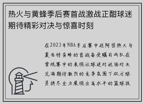 热火与黄蜂季后赛首战激战正酣球迷期待精彩对决与惊喜时刻