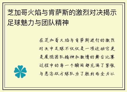 芝加哥火焰与肯萨斯的激烈对决揭示足球魅力与团队精神