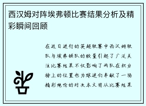 西汉姆对阵埃弗顿比赛结果分析及精彩瞬间回顾